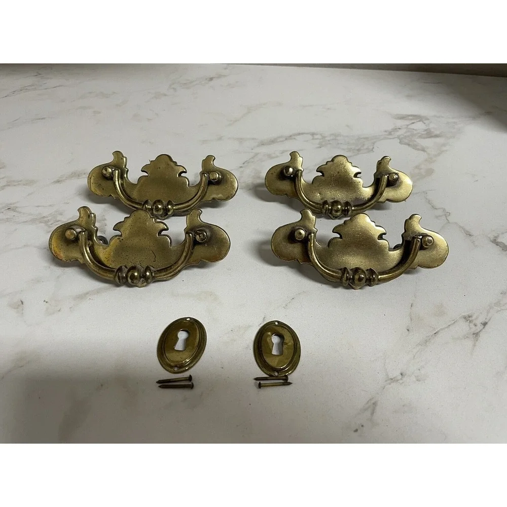 4 Bronze Chippendale Colonial Cabinet Bail Pulls Hardware & 2 Key Hole Decor Pcs